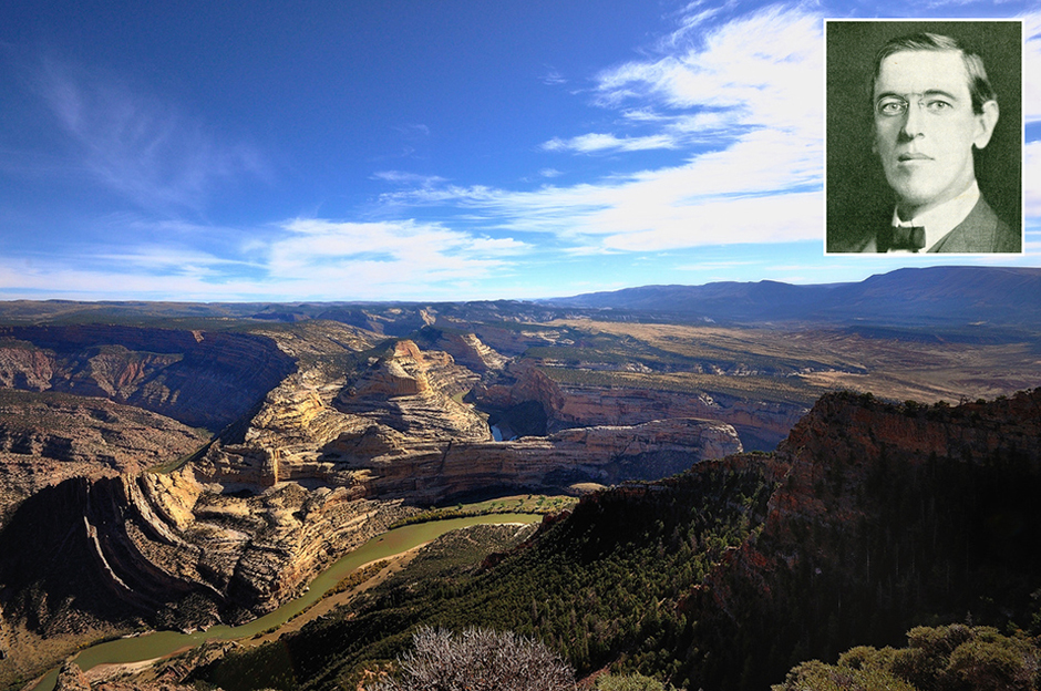 Dinosaur National Monument, between Utah and Colorado, was designated as a national monument by Woodrow Wilson