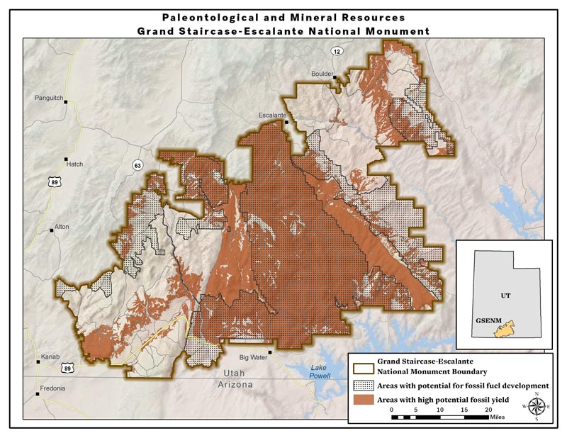 Map: High potential fossil yield and fossil fuel areas -- original Grand Staircase-Escalante National Monument (PDF)
