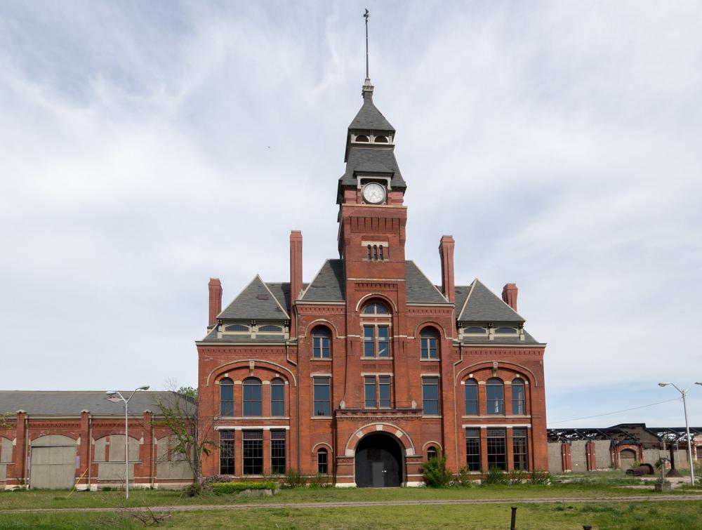 Red-brick building with central spire at Pullman National Monument, Illinois