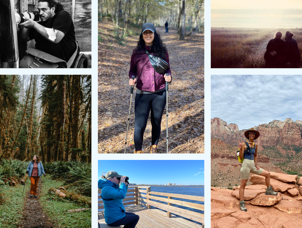 collage of six pictures of people outdoors