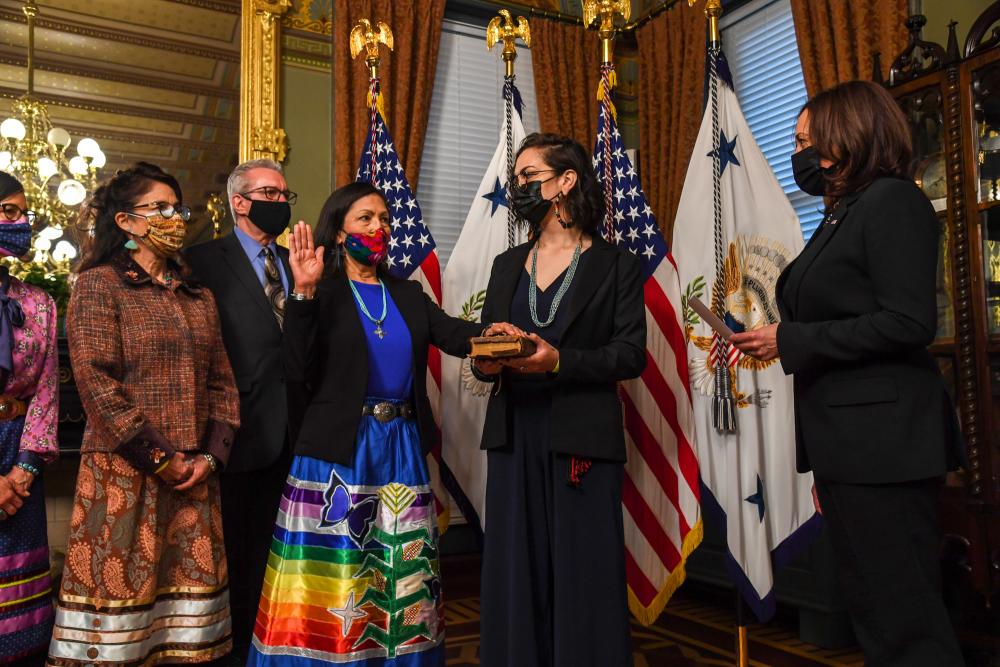 Deb Haaland being sworn in as the 54th Secretary of the Interior