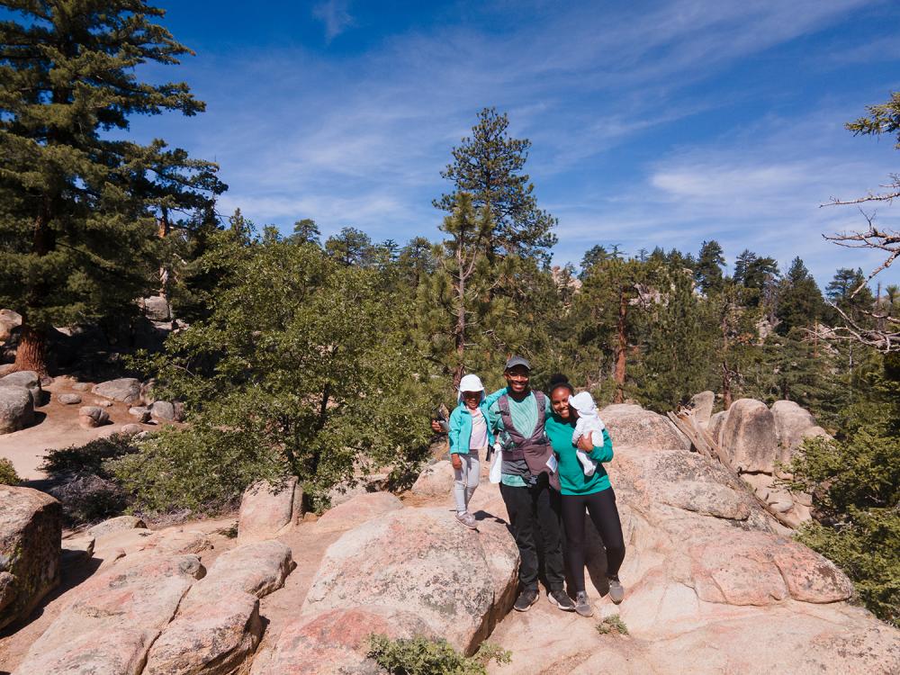 a family of four (two adults and two toddlers) pose for a picture surrounded by rocks and trees