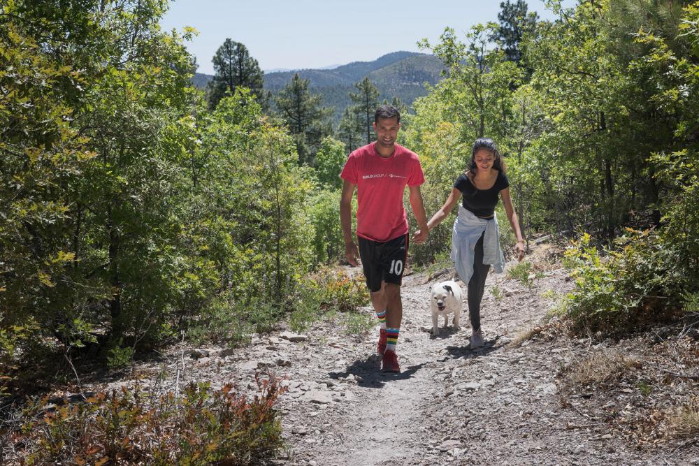 Two hikers holding hands and walking toward foreground in sunlit clearing in Gila National Forest, New Mexico