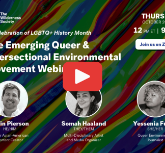 rainbow background with three circular images of three people on the bottom, and a title that reads: The emerging queer and intersectional environmental movement. Big red play button in the middle