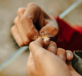 Closeup of a person's hands tying a fishing line.