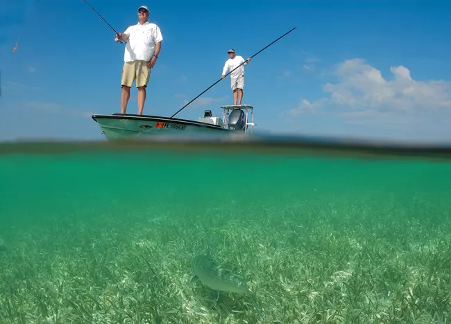 person fishing, with underwater shot of a bonefish