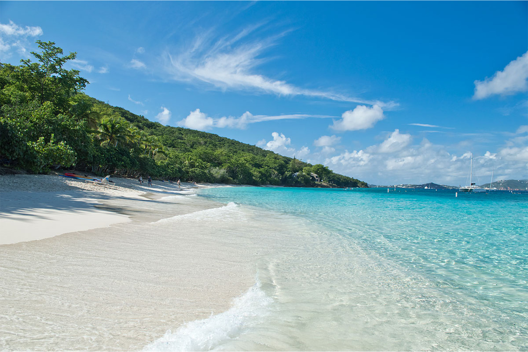 Blue beach with white sand and tropical trees