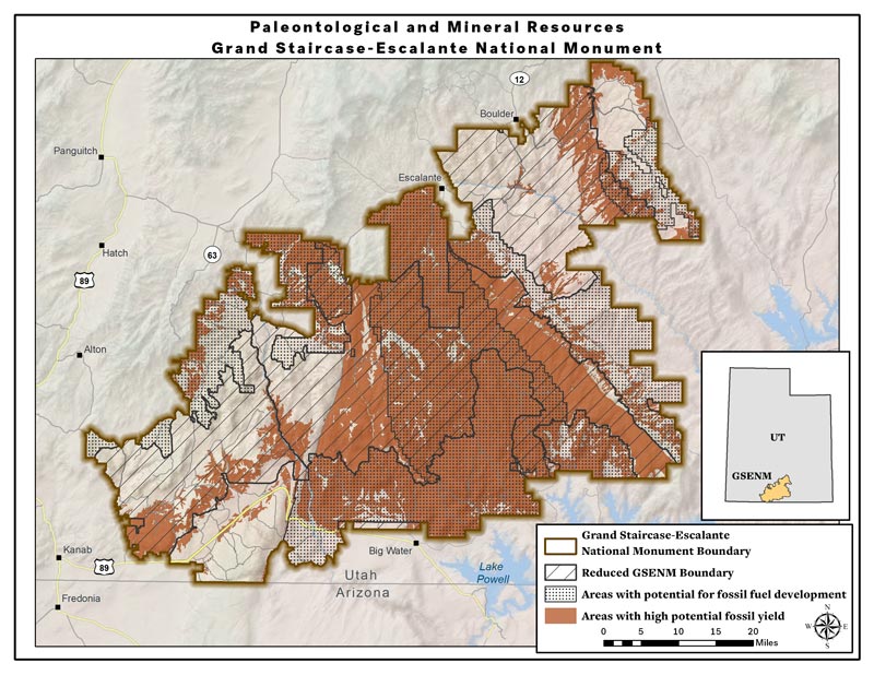 Map: High potential fossil yield and fossil fuel areas -- reduced Grand Staircase-Escalante National Monument (PDF)