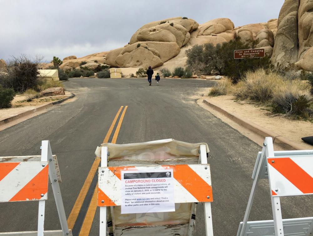 A campground closed notice at Joshua Tree National Park in California.