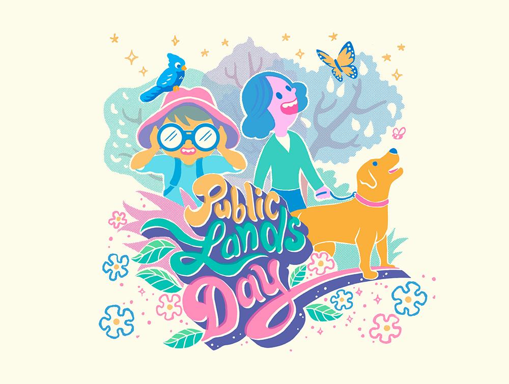 A colorful, cartoon graphic that says Public Lands Day! With a person walking their dog, and child with binoculars, a bird, trees, and butterflies!