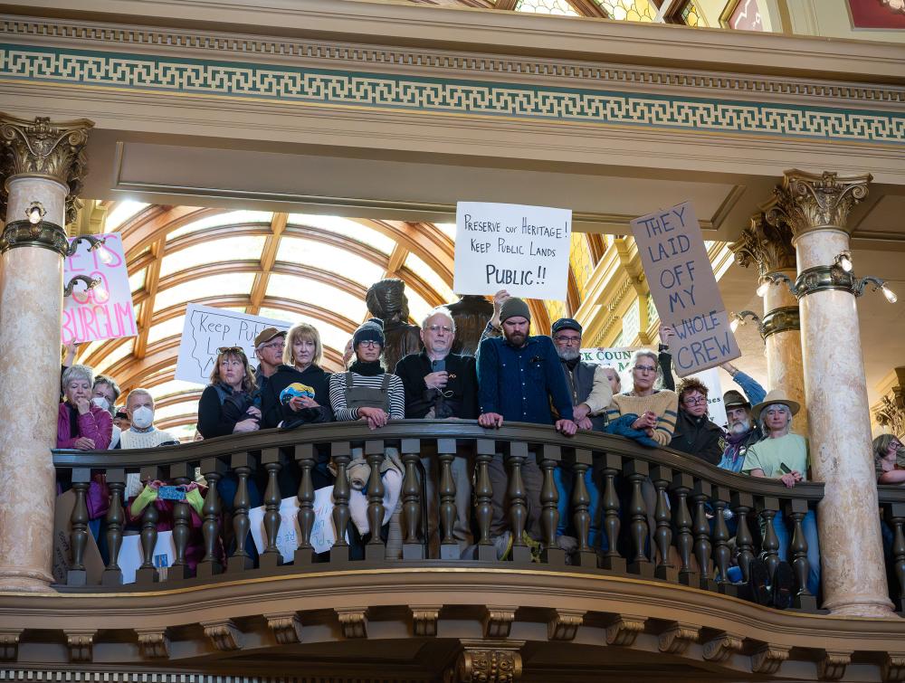 Local citizens protest against terminations and attacks on public lands at a rally in Helena, Montana.