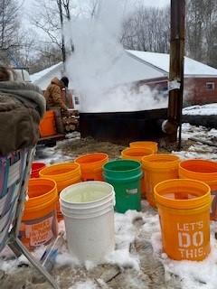 Pails of sap in orange buckets, in the background someone tends to a large pot where vapor rises from.