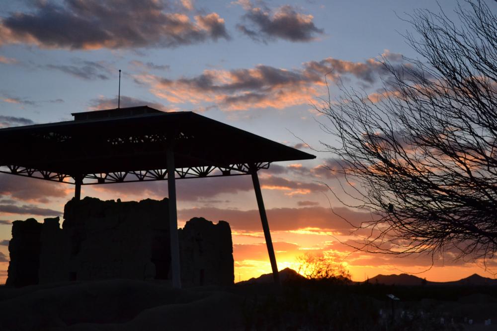 Sunset behind the "Great House" at Casa Grande Ruins National Monument, Arizona