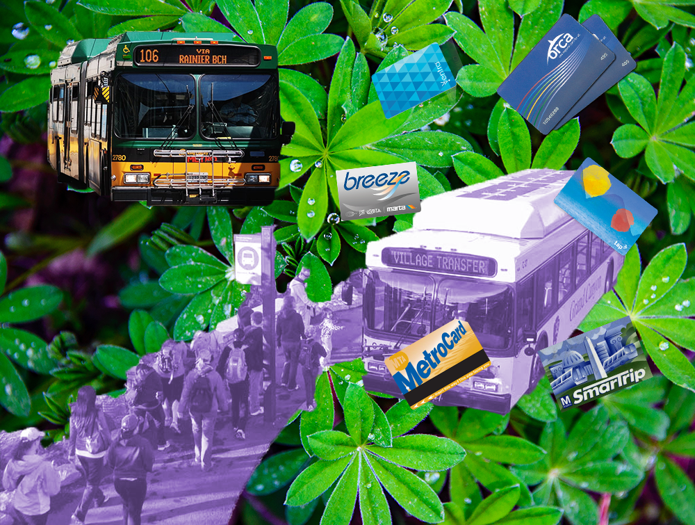 A line of people wait to get on a bus superimposed on top of a close of flora. A ring of different transit cards across the nation.