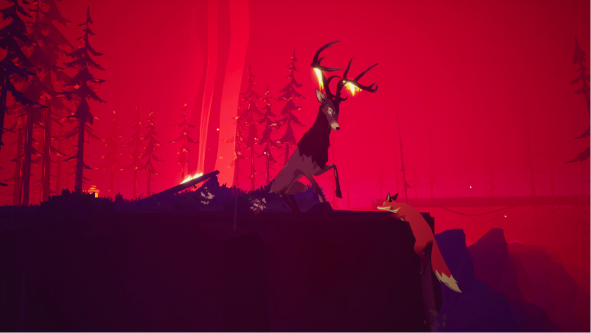Background is a deep crimson sky where a deer bucks at a mother fox climbing up a cliffside.