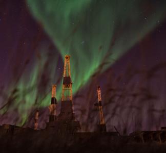 Oil wells in the dark Arctic National Wildlife Refuge, AK